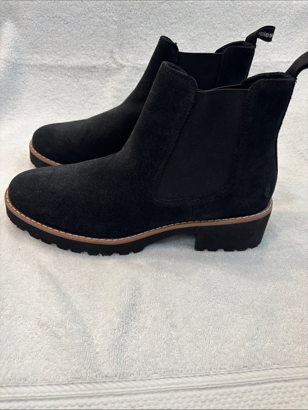 Hush Puppies Black Suede Chelsea Ankle Booties with Lug Sole